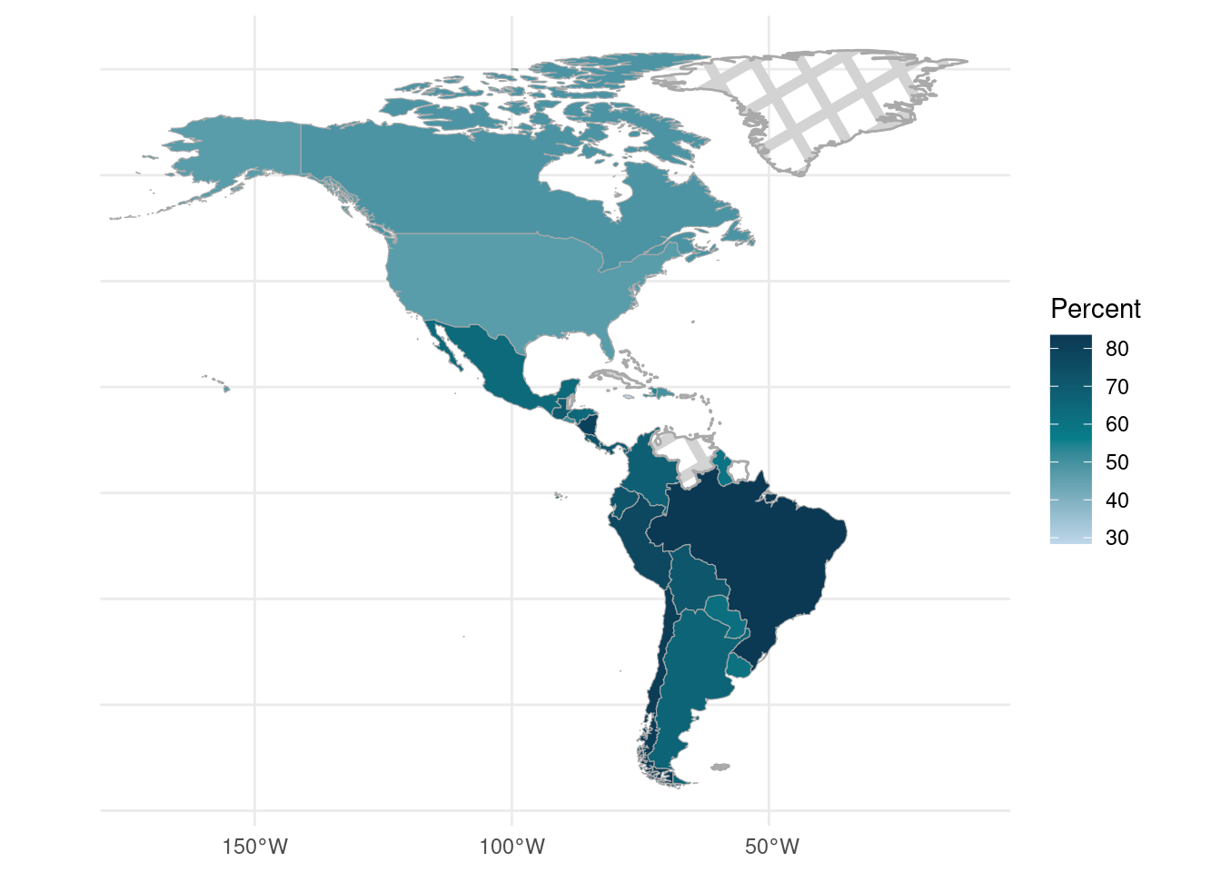 A choropleth map of the Western Hemisphere where the color scale filling in each country corresponds to the percentage of households worried someone in their household will get COVID-19 in the next 3 months. The bottom of the range is 30% and the top of the range is 80%. Brazil and Chile look like the countries with the highest percentage of worry, with North America showing a lower percentage of worry. Countries without data, such as Venezuela, are displayed with a hash pattern.