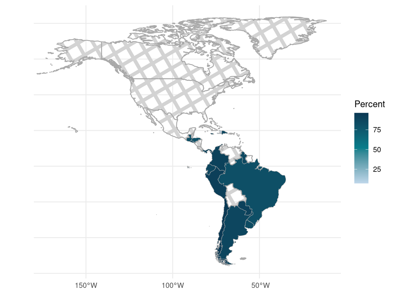 A choropleth map of the Western Hemisphere where the color scale filling in each country corresponds to the percentage of households who had at least one child participate in virtual or hybrid learning. The bottom of the range is 20% and the top of the range is 100%. Most of North America is missing data and are filled in with a hash pattern. The countries with data show a high percentage of households who had at least one child participate in virtual or hybrid learning.