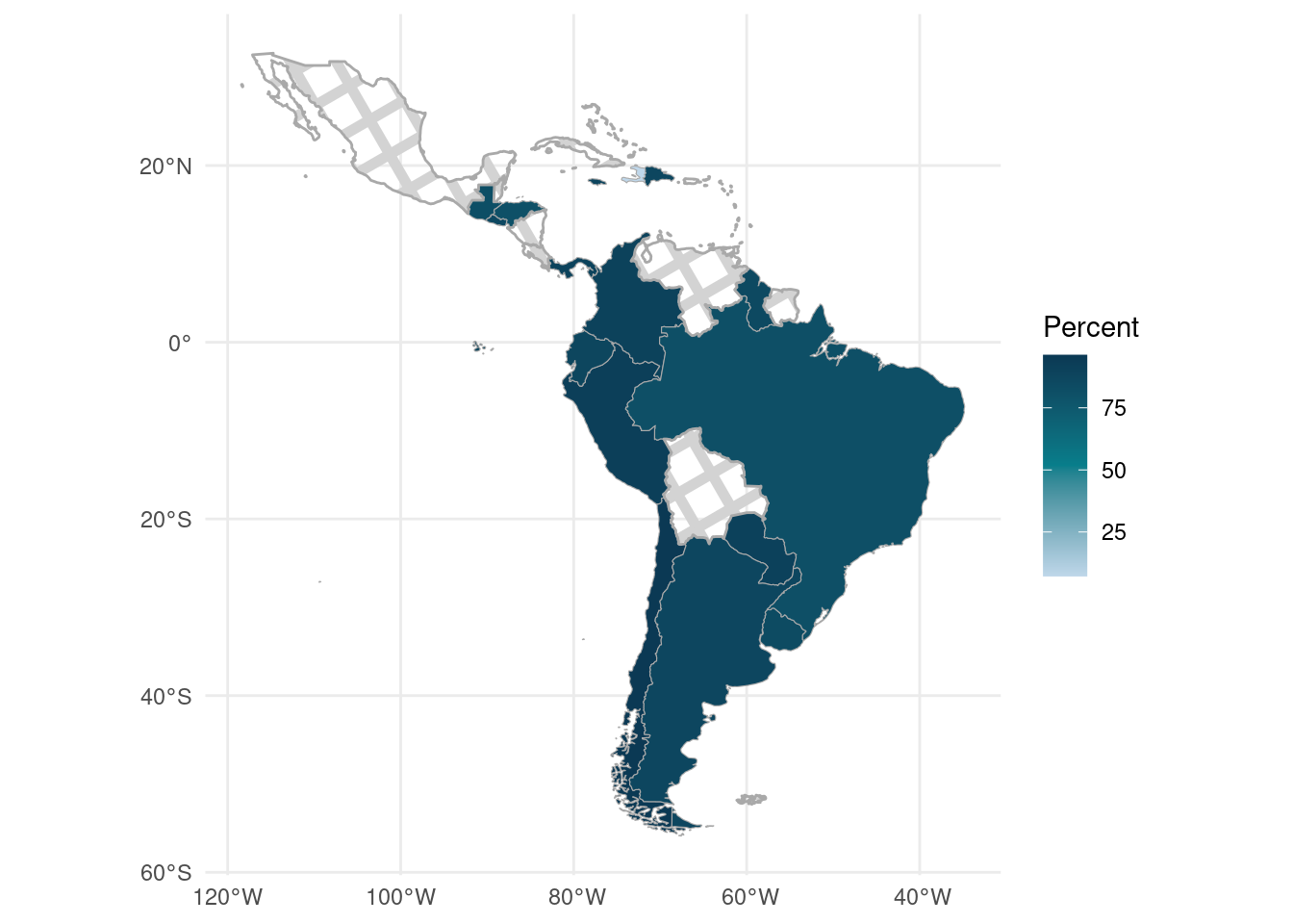 A choropleth map of Central and South America where the color scale filling in each country corresponds to the percentage of households who had at least one child participate in virtual or hybrid learning. The bottom of the range is 20% and the top of the range is 100%. Most of North America is missing data and are filled in with a hash pattern. The countries with data show a high percentage of households who had at least one child participate in virtual or hybrid learning.