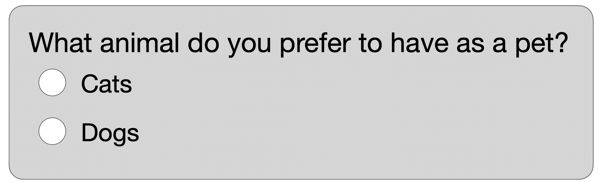 Example question asking "What animal do you prefer to have as a pet?" with response options of Dogs and Cats.