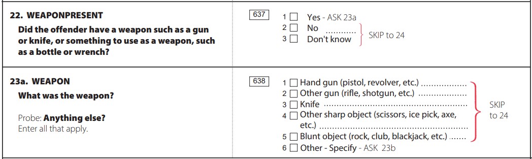 Questions 22 and 23a from the NCVS 2020-2021 Crime Incident Report, see https://bjs.ojp.gov/content/pub/pdf/ncvs20_cir.pdf